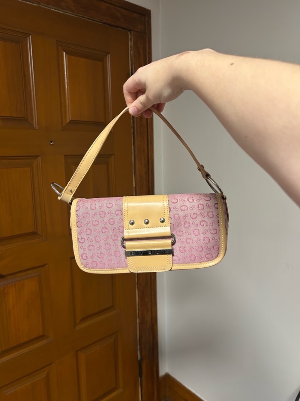 Guess Pink Mini Shoulder Bag with Tan Trim